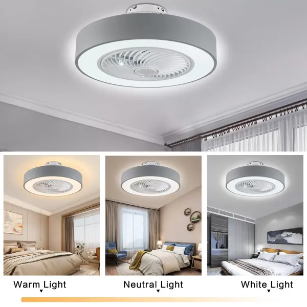 Ventilador de techo moderno de 22 pulgadas con iluminación y mando a distancia LED, 3 colores, hojas de acrílico invisibles(Gris)