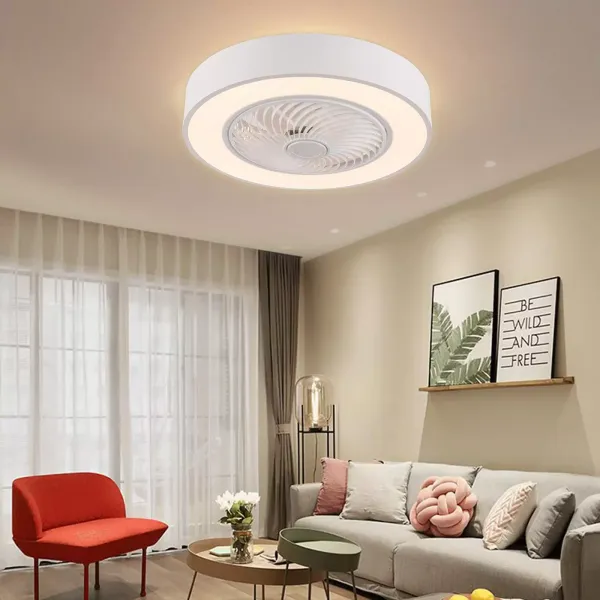 Ventilador de techo moderno de 22 pulgadas con iluminación y mando a distancia LED, 3 colores, hojas de acrílico invisibles, carcasa de metal(blanco)