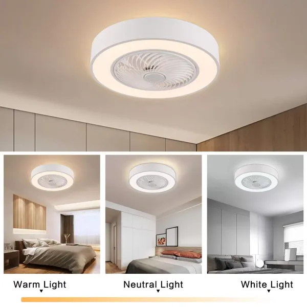 Ventilador de techo moderno de 22 pulgadas con iluminación y mando a distancia LED, 3 colores, hojas de acrílico invisibles, carcasa de metal(blanco)