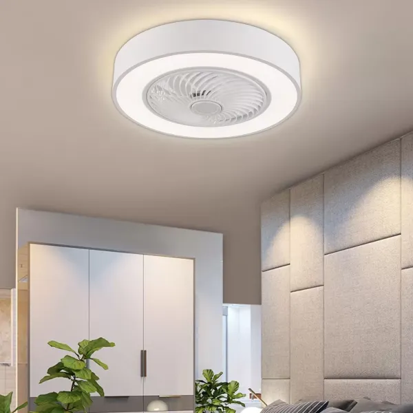 Ventilador de techo moderno de 22 pulgadas con iluminación y mando a distancia LED, 3 colores, hojas de acrílico invisibles, carcasa de metal(blanco)