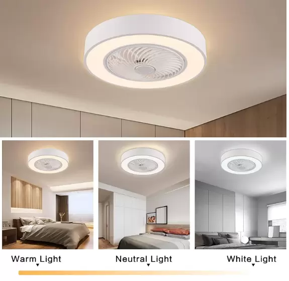 Ventilador de techo moderno de 22 pulgadas con iluminación y mando a distancia LED, 3 colores, hojas de acrílico invisibles, carcasa de metal(blanco)