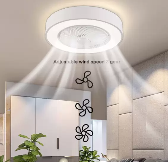 Ventilador de techo moderno de 22 pulgadas con iluminación y mando a distancia LED, 3 colores, hojas de acrílico invisibles, carcasa de metal(blanco)