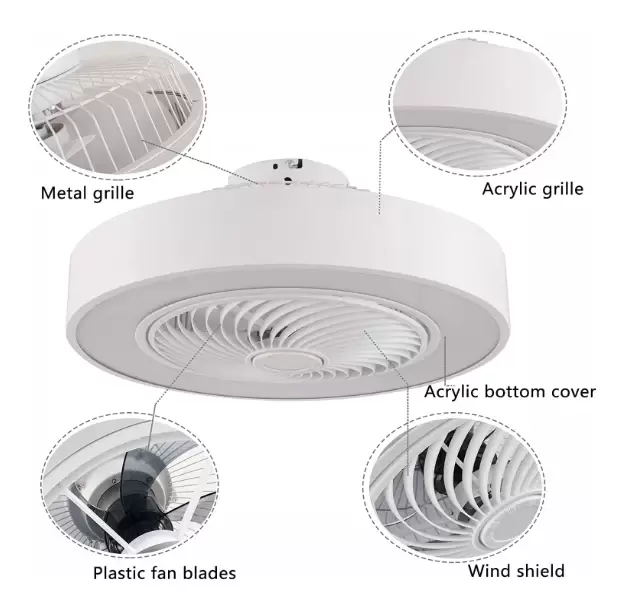 Ventilador de techo moderno de 22 pulgadas con iluminación y mando a distancia LED, 3 colores, hojas de acrílico invisibles, carcasa de metal(blanco)