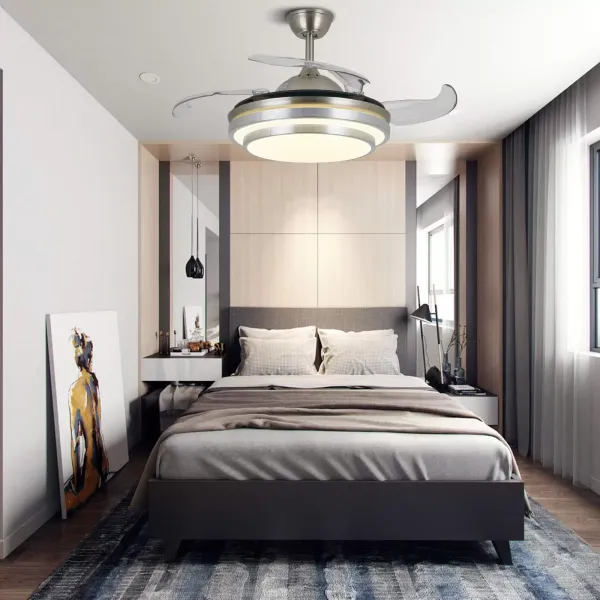 CNCEST Ventilador de techo LED con iluminación y mando a distancia, 36 W, 3 colores regulables, con 4 aspas retráctiles CNCEST Ventilador de techo LED con iluminación y mando a distancia, 36 W, 3 colores regulables, con 4 aspas retráctiles