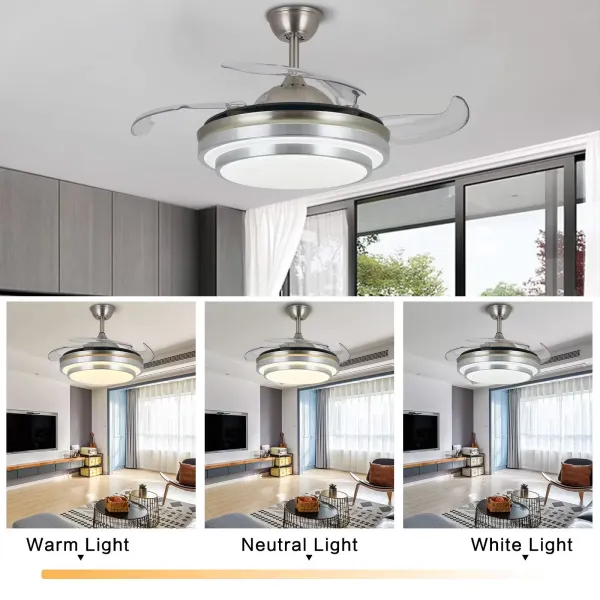 CNCEST Ventilador de techo LED con iluminación y mando a distancia, 36 W, 3 colores regulables, con 4 aspas retráctiles