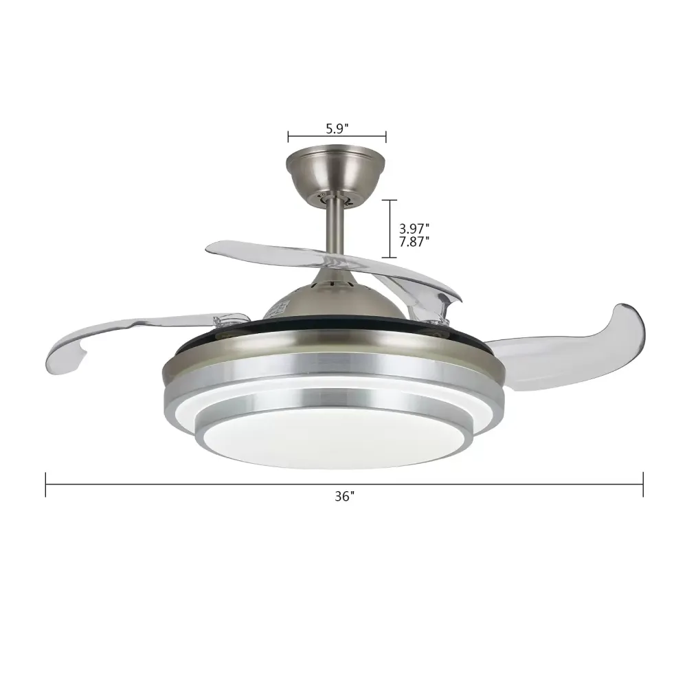 CNCEST Ventilador de techo LED con iluminación y mando a distancia, 36 W, 3 colores regulables, con 4 aspas retráctiles