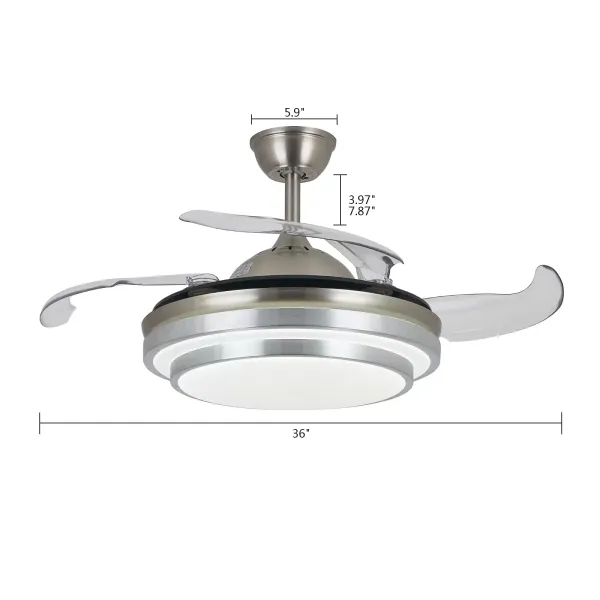 CNCEST Ventilador de techo LED con iluminación y mando a distancia, 36 W, 3 colores regulables, con 4 aspas retráctiles