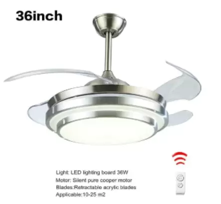 CNCEST Ventilador de techo LED con iluminación y mando a distancia, 36 W, 3 colores regulables, con 4 aspas retráctiles