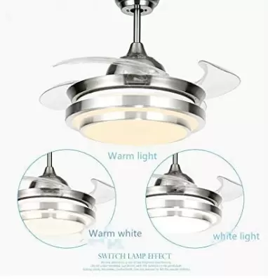 CNCEST Ventilador de techo LED con iluminación y mando a distancia, 36 W, 3 colores regulables, con 4 aspas retráctiles