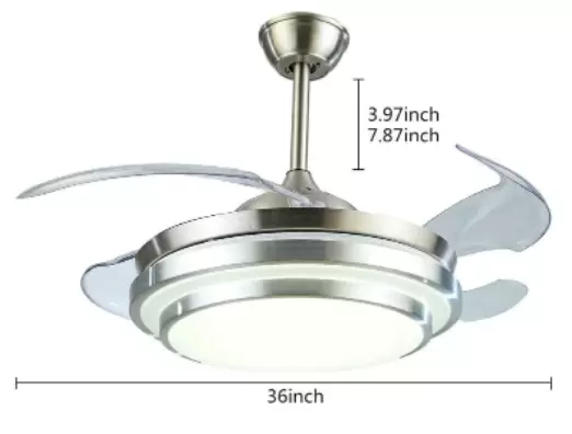 CNCEST Ventilador de techo LED con iluminación y mando a distancia, 36 W, 3 colores regulables, con 4 aspas retráctiles