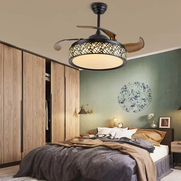 Ventilador de techo LED de 100 cm con luz y mando a distancia, 4 aspas retráctiles, lámpara colgante para restaurante comedor