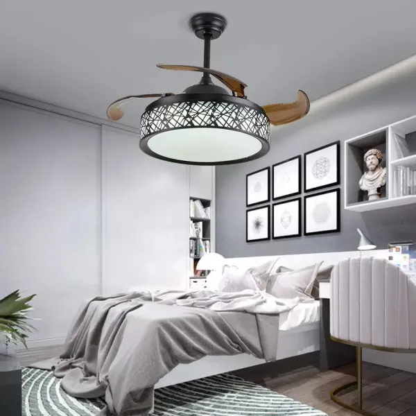 Ventilador de techo LED de 100 cm con luz y mando a distancia, 4 aspas retráctiles, lámpara colgante para restaurante comedor