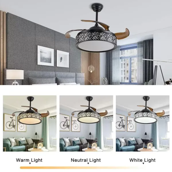Ventilador de techo LED de 100 cm con luz y mando a distancia, 4 aspas retráctiles, lámpara colgante para restaurante comedor