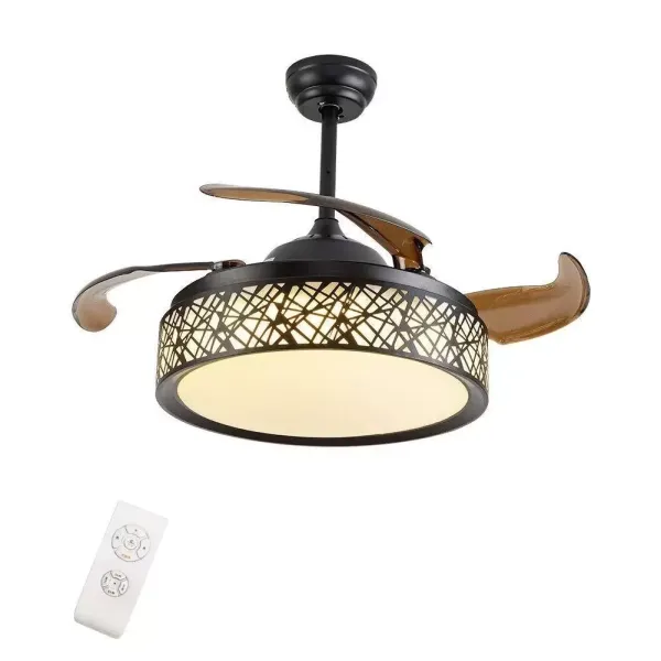 Ventilador de techo LED de 100 cm con luz y mando a distancia, 4 aspas retráctiles, lámpara colgante para restaurante comedor