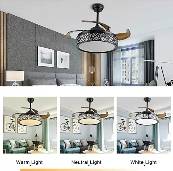 Ventilador de techo LED de 100 cm con luz y mando a distancia, 4 aspas retráctiles, lámpara colgante para restaurante comedor