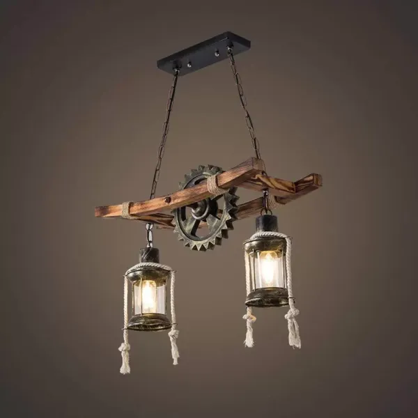 Lámpara colgante de madera retro industrial, vintage, E27, lámpara de techo 2 luces de altura ajustable, para salón, dormitorio, bar, etc
