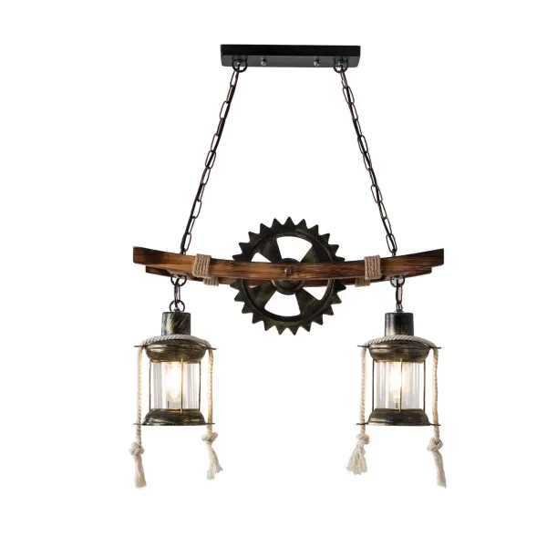 Lámpara colgante de madera retro industrial, vintage, E27, lámpara de techo 2 luces de altura ajustable, para salón, dormitorio, bar, etc