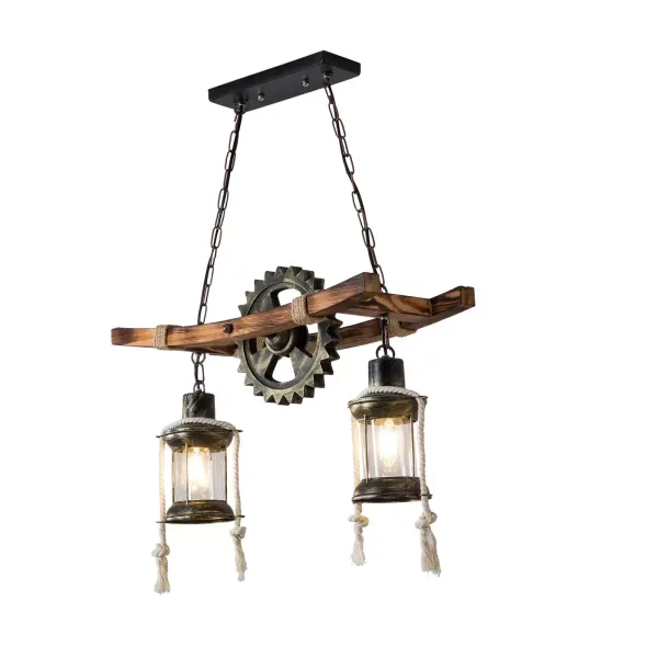 Lámpara colgante de madera retro industrial, vintage, E27, lámpara de techo 2 luces de altura ajustable, para salón, dormitorio, bar, etc