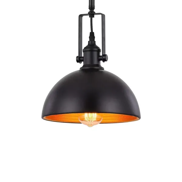 Araña de hierro negro mate con un cabezal, regulable en altura, base E27 compatible con la mayoría de bombillas, interior naranja