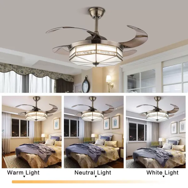 Ventilador de techo retro de 100 cm con luz y mando a distancia, 3 luces LED regulable, lámpara LED de techo con iluminación retráctil para salón
