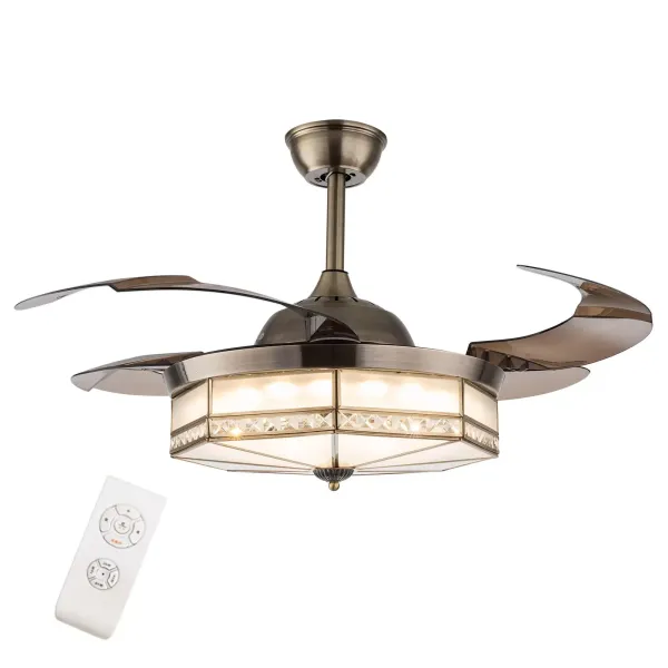 Ventilador de techo retro de 100 cm con luz y mando a distancia, 3 luces LED regulable, lámpara LED de techo con iluminación retráctil para salón