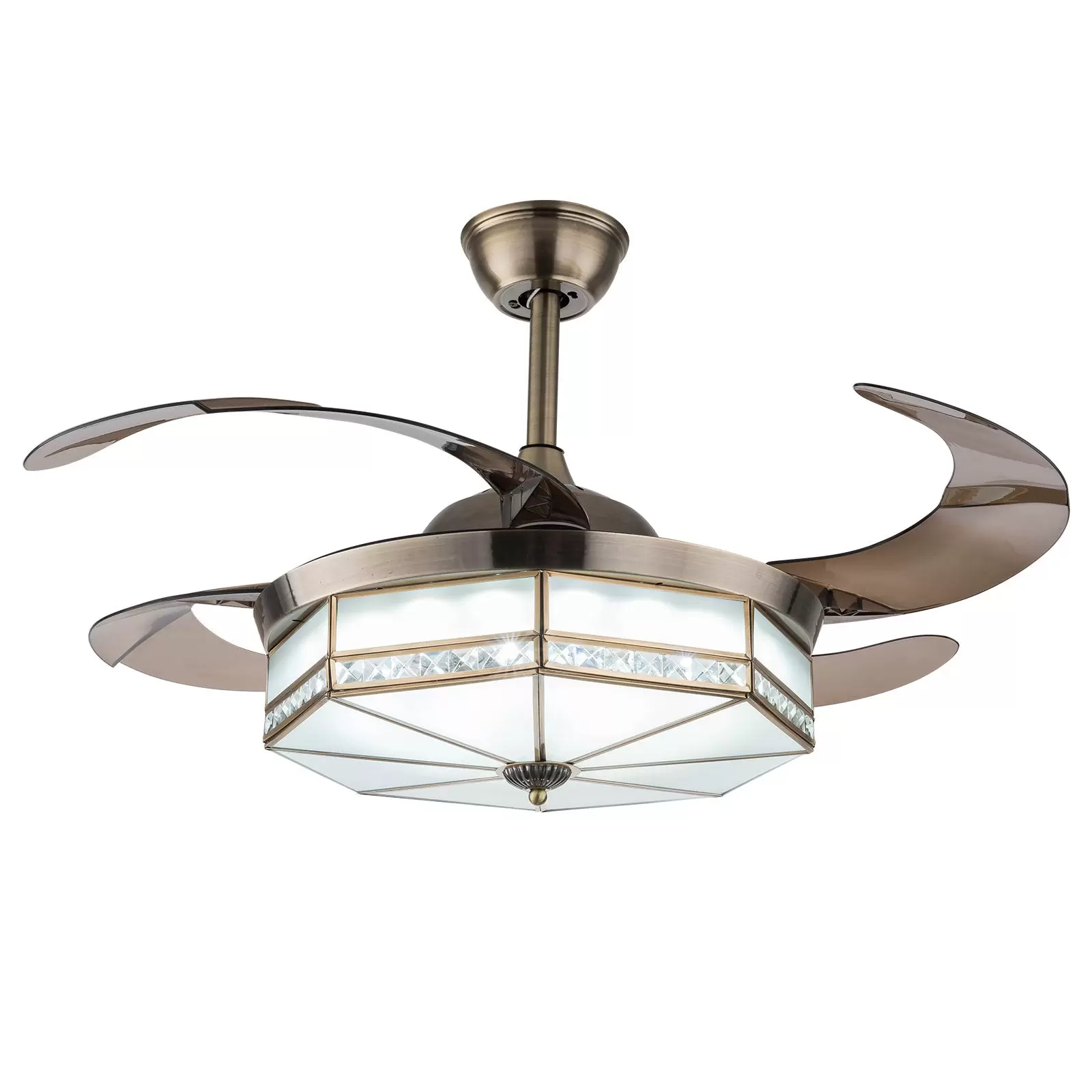 Ventilador de techo retro de 100 cm con luz y mando a distancia, 3 luces LED regulable, lámpara LED de techo con iluminación retráctil para salón
