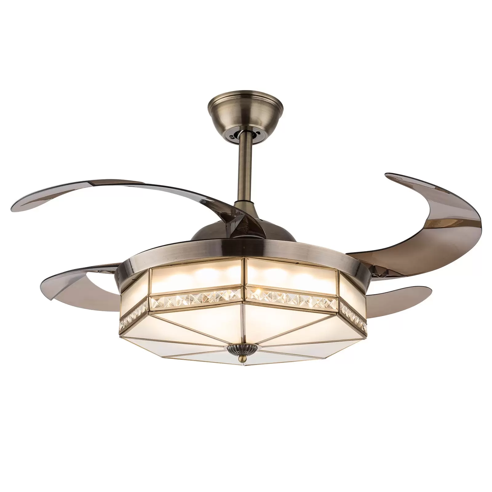 Ventilador de techo retro de 100 cm con luz y mando a distancia, 3 luces LED regulable, lámpara LED de techo con iluminación retráctil para salón