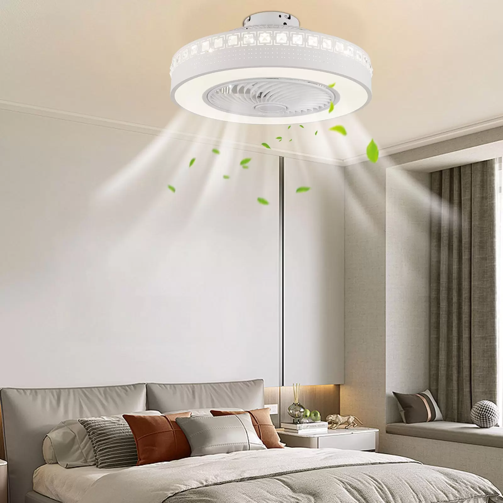 23 pulgadas Moderno ventilador de techo redondo con iluminación de 3 aspas ajustable, adecuado para salón y comedor(F004), color blanco