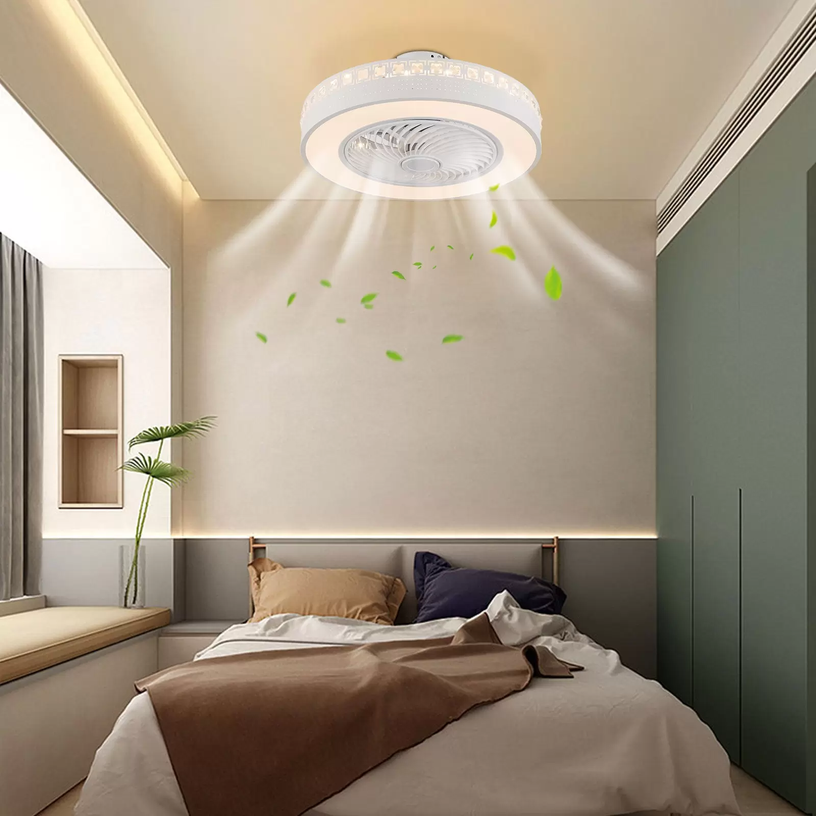 23 pulgadas Moderno ventilador de techo redondo con iluminación de 3 aspas ajustable, adecuado para salón y comedor(F004), color blanco