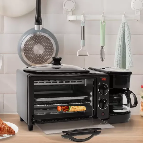 Mini horno de desayuno 3 en 1 con parrilla, horno tostadora con máquina de café