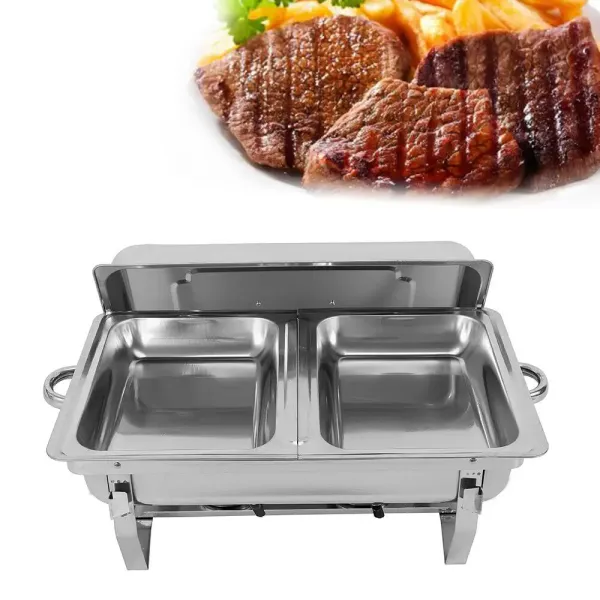 Chafing Dish - Calentador de alimentos (acero inoxidable, 7,5 L, doble rejilla, rectangular) con asa y tapa, para catering, bufé