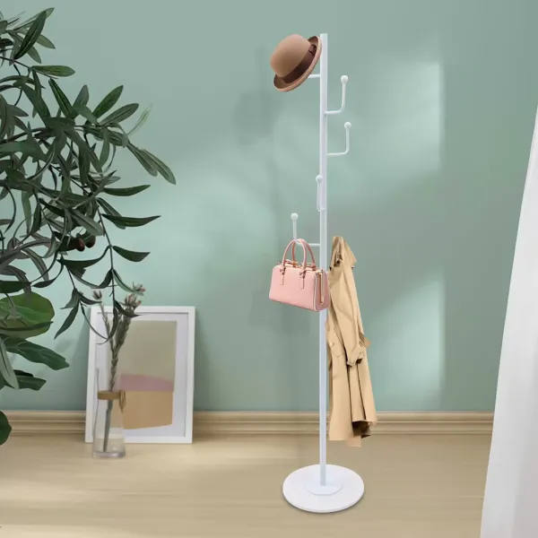 Perchero moderno de metal de 1,7 m con 6 ganchos, soporte para sombrero con pie redondo para pasillo, sala de estar, baño, trastero (Color: blanco)