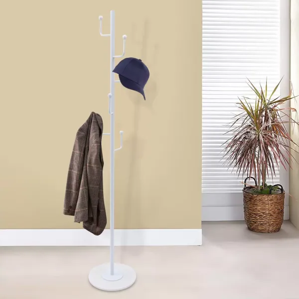 Perchero moderno de metal de 1,7 m con 6 ganchos, soporte para sombrero con pie redondo para pasillo, sala de estar, baño, trastero (Color: blanco)
