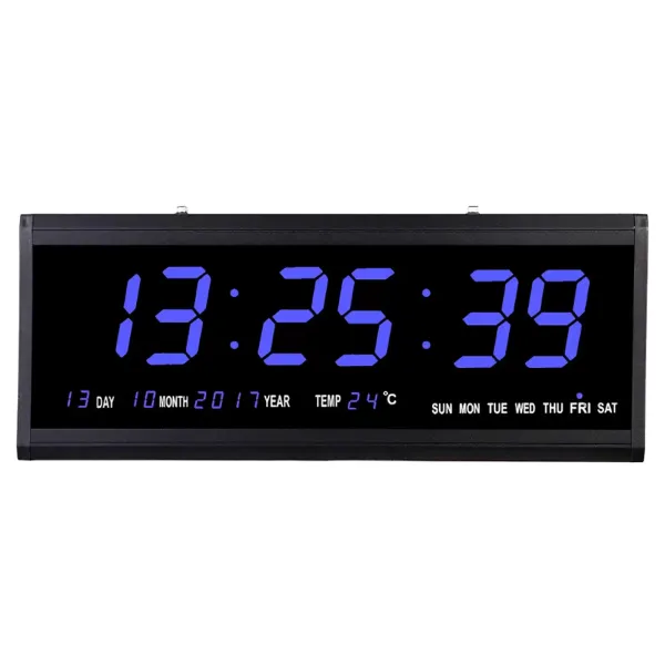 Reloj de pared digital LED, 48 x 19 x 3 cm, con temperatura, pantalla LED + fecha, reloj electrónico, para oficina o salón, color azul