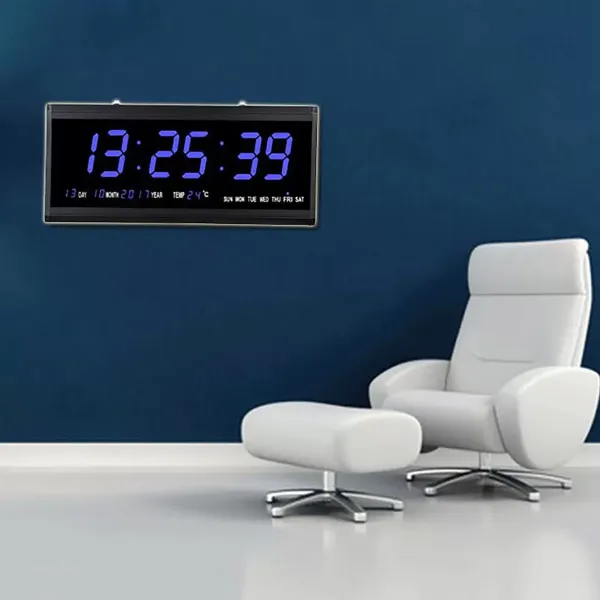 Reloj de pared digital LED, 48 x 19 x 3 cm, con temperatura, pantalla LED + fecha, reloj electrónico, para oficina o salón, color azul