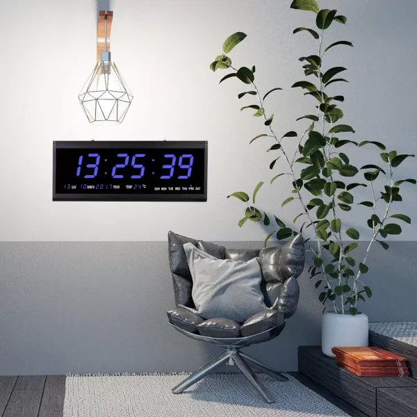 Reloj de pared digital LED, 48 x 19 x 3 cm, con temperatura, pantalla LED + fecha, reloj electrónico, para oficina o salón, color azul
