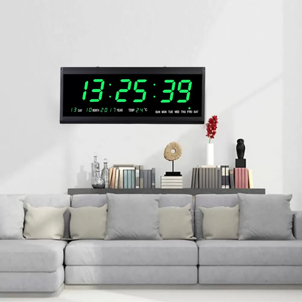 CNCEST Reloj de calendario, gran reloj de pared eléctrico digital LED con hora, fecha, temperatura, para casa, oficina, banco