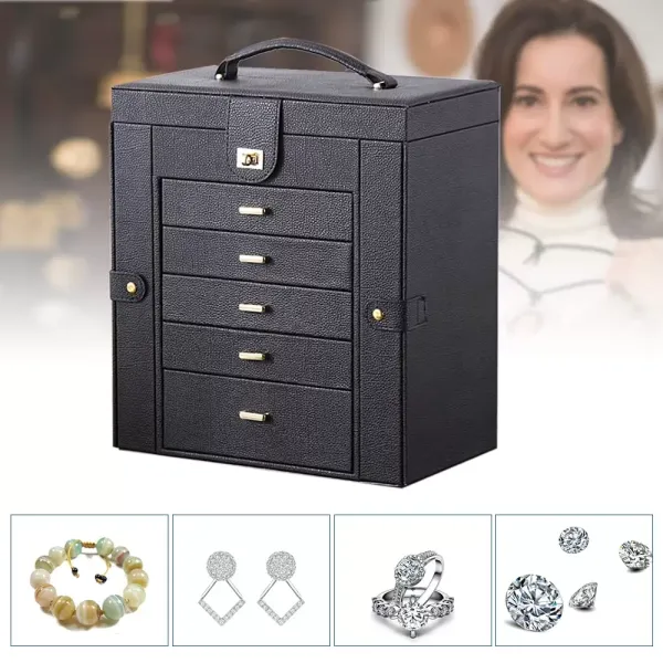 Joyero grande con espejo y cierre, 6 niveles para anillos, pendientes, relojes