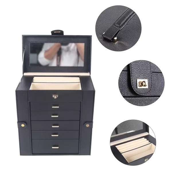 Joyero grande con espejo y cierre, 6 niveles para anillos, pendientes, relojes Joyero grande con espejo y cierre, 6 niveles para anillos, pendientes, relojes