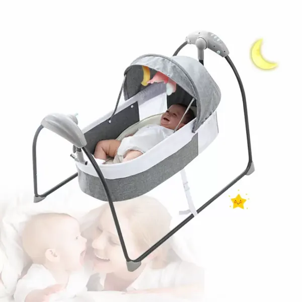 Cuna eléctrica para niños con diseño de mosquitera, columpio para bebé, color gris