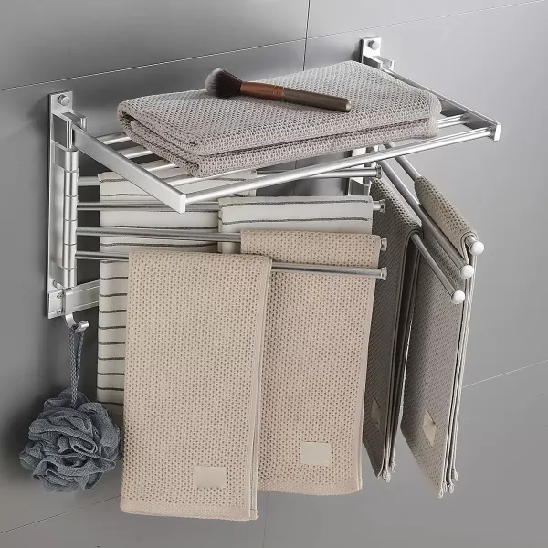 Toallero giratorio de pared con ganchos y brazos giratorios, ahorra espacio en la lavandería y el baño, de aluminio espacial