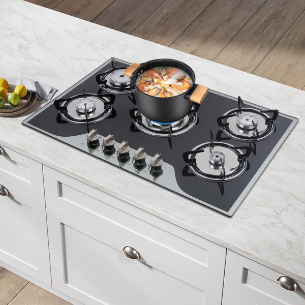 Cocina de gas gas GLP / NG 5 llamas, acero inoxidable, para gas natural, 76 cm
