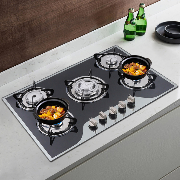Cocina de gas gas GLP / NG 5 llamas, acero inoxidable, para gas natural, 76 cm