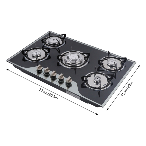 Cocina de gas gas GLP / NG 5 llamas, acero inoxidable, para gas natural, 76 cm