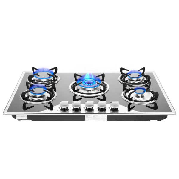 Cocina de gas gas GLP / NG 5 llamas, acero inoxidable, para gas natural, 76 cm