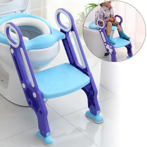Asiento de inodoro para niños con escalera, 67 cm x 37 cm x 9 cm, antideslizante, almacenamiento sanitario suave y cómodo, plegable, color azul