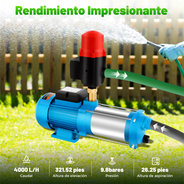 Bomba centrífuga de agua doméstica, bomba de jardín con manómetro, 1300 W, 4000 l/h, 9,8 bar, salida con control de bomba, 220 V, IP 44