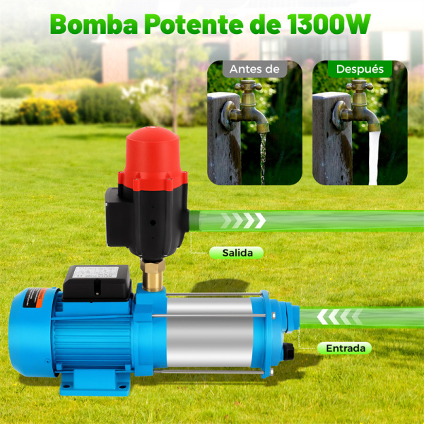 Bomba centrífuga de agua doméstica, bomba de jardín con manómetro, 1300 W, 4000 l/h, 9,8 bar, salida con control de bomba, 220 V, IP 44
