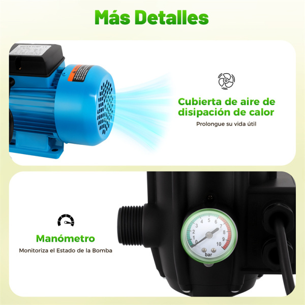 Bomba centrífuga de agua doméstica, bomba de jardín con manómetro, 1300 W, 4000 l/h, 9,8 bar, salida con control de bomba, 220 V, IP 44