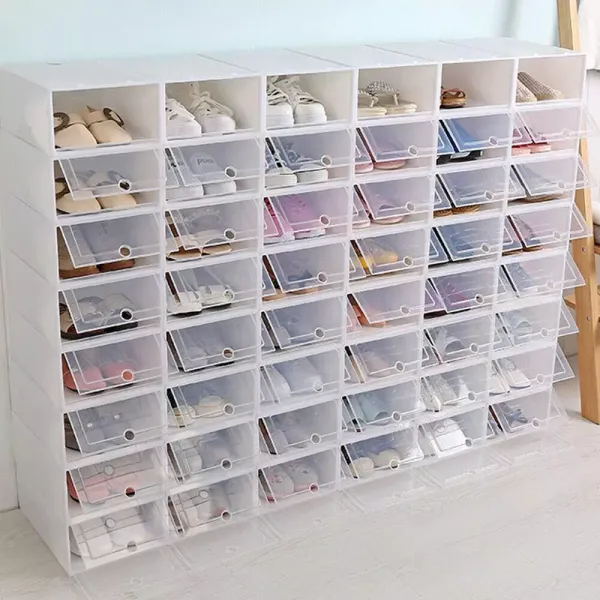 24 unidades x Caja de zapatos transparente apilable con tapa, 33 x 23 x 14 cm, color blanco, organizador de zapatos para hombre y mujer